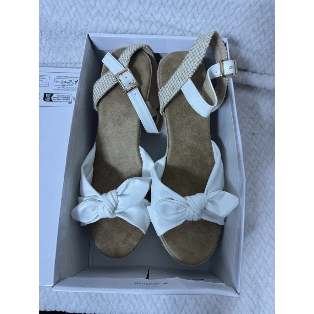 White Bow Espadrille Wedge Sandals Platform Ankle Strap Shoes EUR 41 Womens